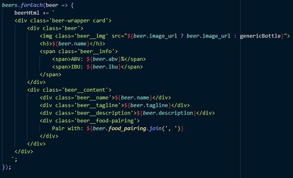 code showing template literal mapping of API data